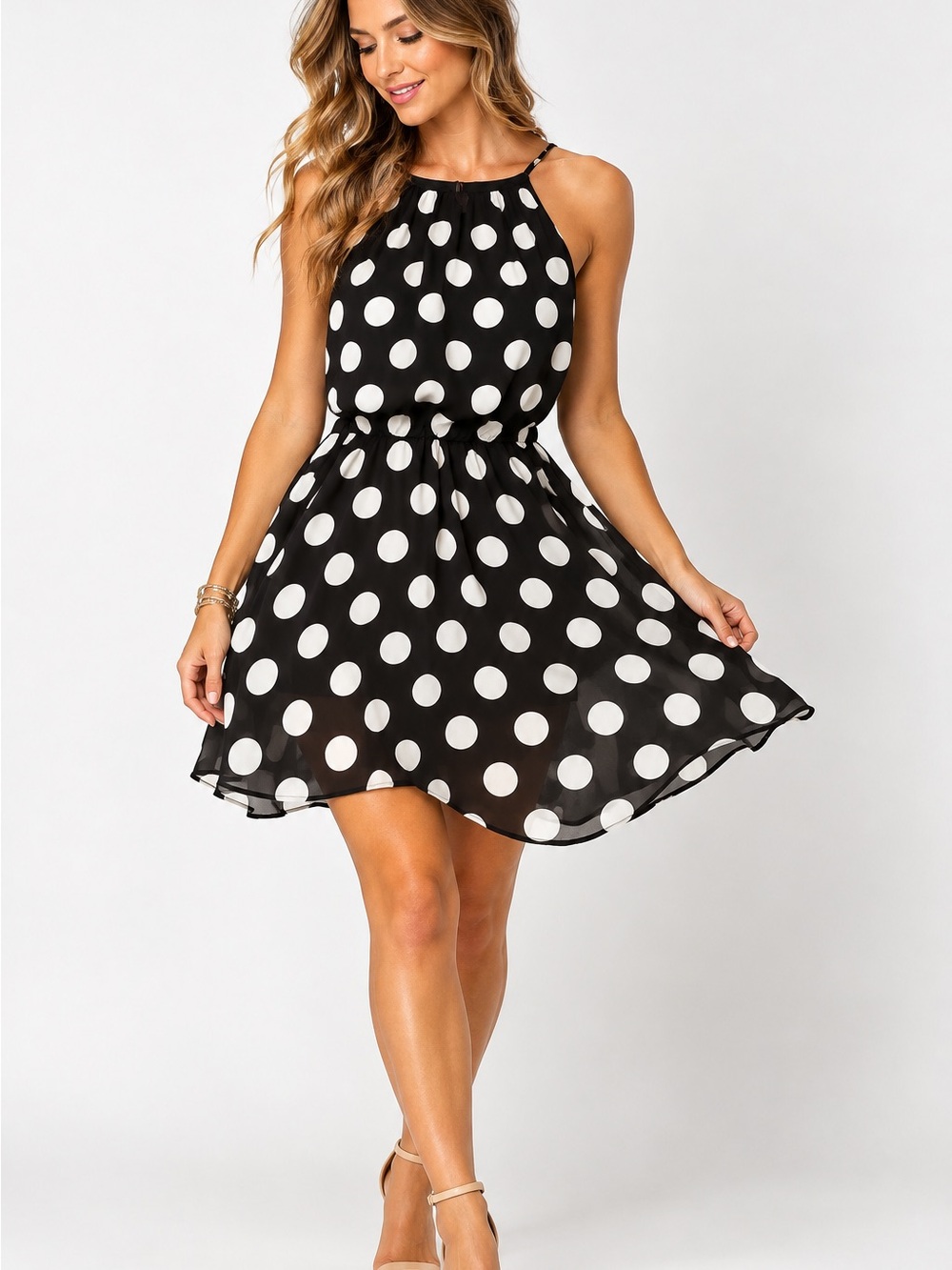 Mi Ami Black & White Polka Dot Halter Dress XXS Flowy A-Line
